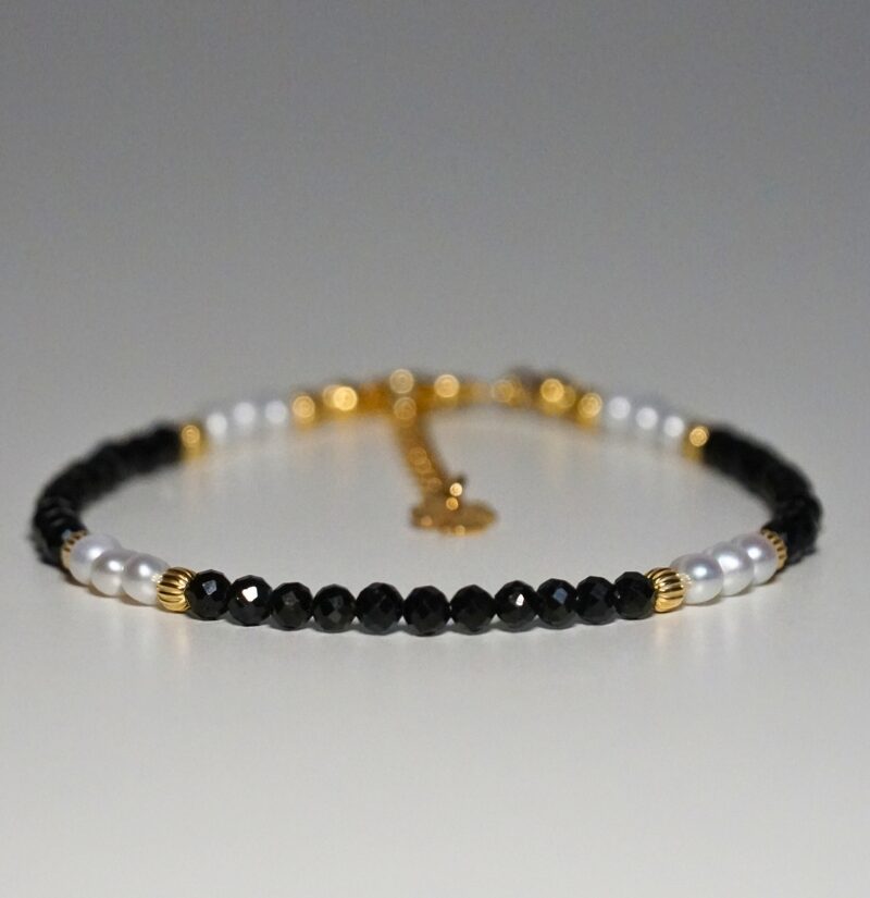 !Nowość Bransoletka Szczęścia Czarny Turmalin x Perła Naturalna Oponka 3mm